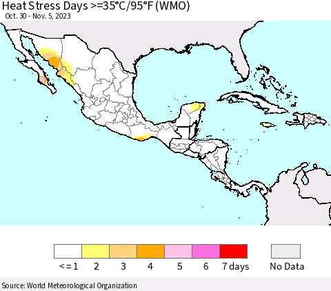 Mexico Central America and the Caribbean Heat Stress Days >=35°C/95°F (WMO) Thematic Map For 10/30/2023 - 11/5/2023