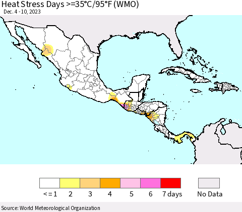 Mexico Central America and the Caribbean Heat Stress Days >=35°C/95°F (WMO) Thematic Map For 12/4/2023 - 12/10/2023