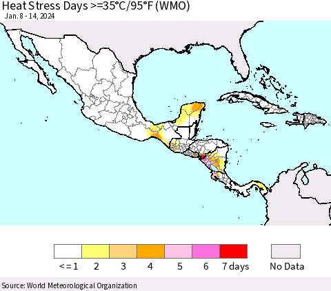 Mexico Central America and the Caribbean Heat Stress Days >=35°C/95°F (WMO) Thematic Map For 1/8/2024 - 1/14/2024