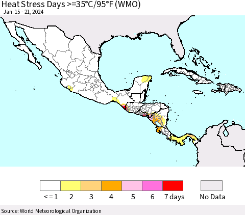Mexico Central America and the Caribbean Heat Stress Days >=35°C/95°F (WMO) Thematic Map For 1/15/2024 - 1/21/2024