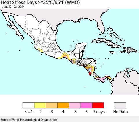 Mexico Central America and the Caribbean Heat Stress Days >=35°C/95°F (WMO) Thematic Map For 1/22/2024 - 1/28/2024