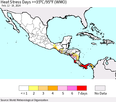 Mexico Central America and the Caribbean Heat Stress Days >=35°C/95°F (WMO) Thematic Map For 2/12/2024 - 2/18/2024