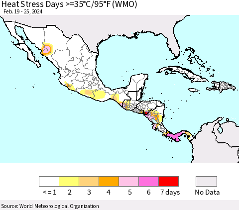 Mexico Central America and the Caribbean Heat Stress Days >=35°C/95°F (WMO) Thematic Map For 2/19/2024 - 2/25/2024