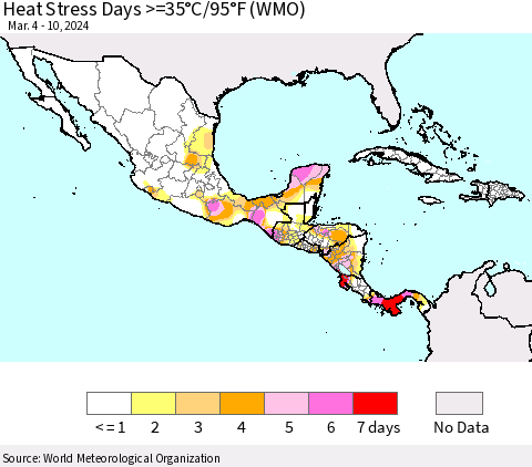 Mexico Central America and the Caribbean Heat Stress Days >=35°C/95°F (WMO) Thematic Map For 3/4/2024 - 3/10/2024