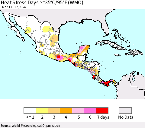 Mexico Central America and the Caribbean Heat Stress Days >=35°C/95°F (WMO) Thematic Map For 3/11/2024 - 3/17/2024