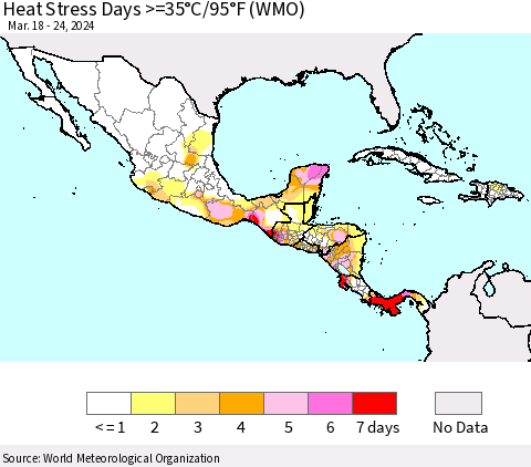 Mexico Central America and the Caribbean Heat Stress Days >=35°C/95°F (WMO) Thematic Map For 3/18/2024 - 3/24/2024