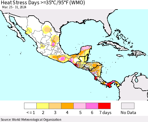 Mexico Central America and the Caribbean Heat Stress Days >=35°C/95°F (WMO) Thematic Map For 3/25/2024 - 3/31/2024