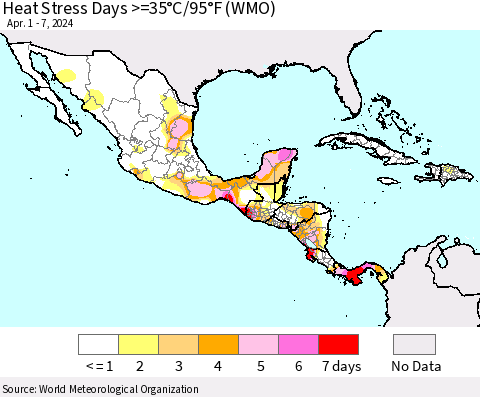 Mexico Central America and the Caribbean Heat Stress Days >=35°C/95°F (WMO) Thematic Map For 4/1/2024 - 4/7/2024