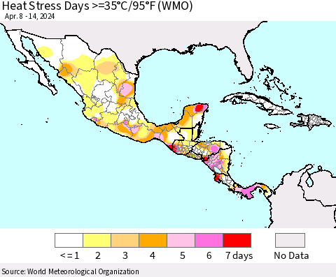 Mexico Central America and the Caribbean Heat Stress Days >=35°C/95°F (WMO) Thematic Map For 4/8/2024 - 4/14/2024