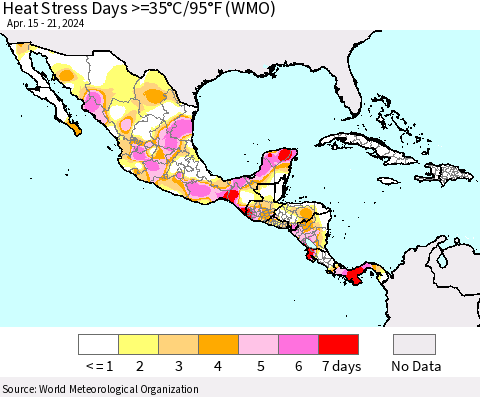 Mexico Central America and the Caribbean Heat Stress Days >=35°C/95°F (WMO) Thematic Map For 4/15/2024 - 4/21/2024