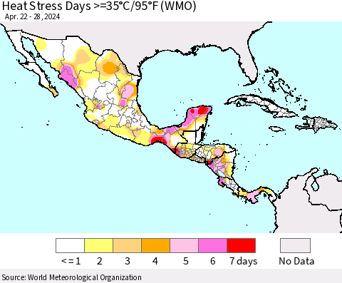 Mexico Central America and the Caribbean Heat Stress Days >=35°C/95°F (WMO) Thematic Map For 4/22/2024 - 4/28/2024
