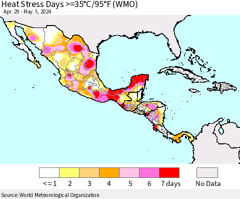 Mexico Central America and the Caribbean Heat Stress Days >=35°C/95°F (WMO) Thematic Map For 4/29/2024 - 5/5/2024