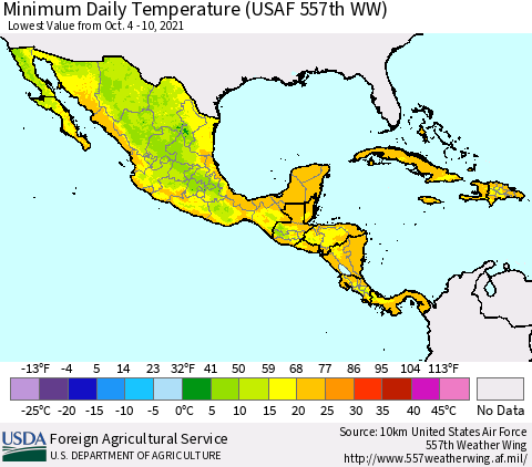 Mexico Central America and the Caribbean Minimum Daily Temperature (USAF 557th WW) Thematic Map For 10/4/2021 - 10/10/2021