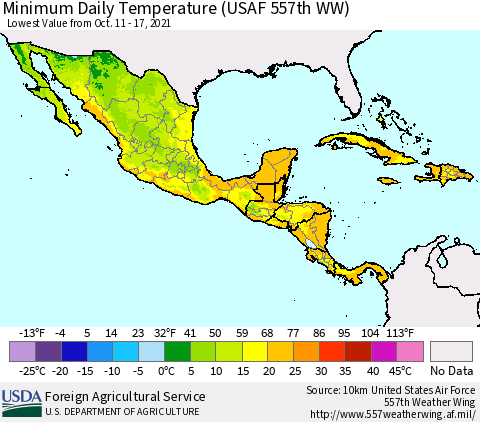 Mexico Central America and the Caribbean Minimum Daily Temperature (USAF 557th WW) Thematic Map For 10/11/2021 - 10/17/2021