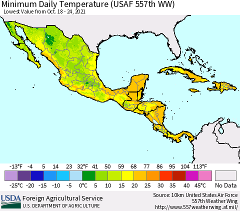 Mexico Central America and the Caribbean Minimum Daily Temperature (USAF 557th WW) Thematic Map For 10/18/2021 - 10/24/2021