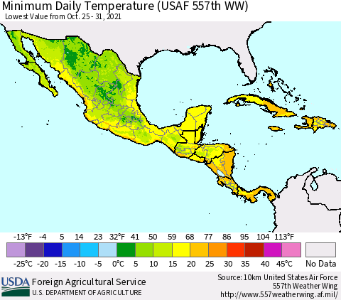 Mexico Central America and the Caribbean Minimum Daily Temperature (USAF 557th WW) Thematic Map For 10/25/2021 - 10/31/2021