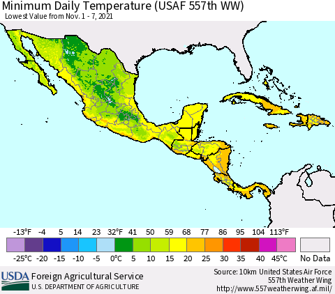 Mexico Central America and the Caribbean Minimum Daily Temperature (USAF 557th WW) Thematic Map For 11/1/2021 - 11/7/2021