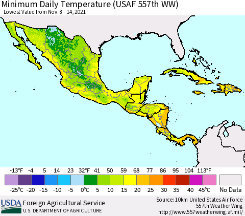 Mexico Central America and the Caribbean Minimum Daily Temperature (USAF 557th WW) Thematic Map For 11/8/2021 - 11/14/2021