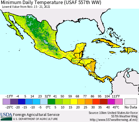 Mexico Central America and the Caribbean Minimum Daily Temperature (USAF 557th WW) Thematic Map For 11/15/2021 - 11/21/2021
