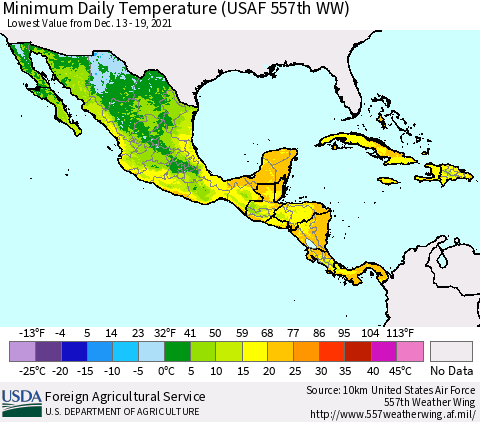 Mexico Central America and the Caribbean Minimum Daily Temperature (USAF 557th WW) Thematic Map For 12/13/2021 - 12/19/2021