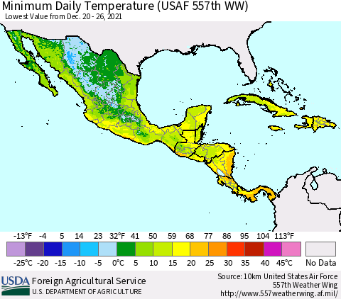 Mexico Central America and the Caribbean Minimum Daily Temperature (USAF 557th WW) Thematic Map For 12/20/2021 - 12/26/2021