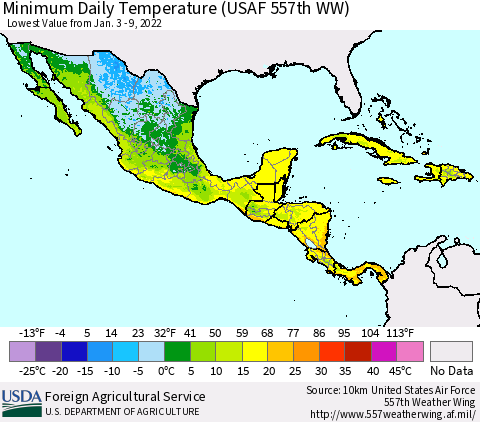 Mexico Central America and the Caribbean Minimum Daily Temperature (USAF 557th WW) Thematic Map For 1/3/2022 - 1/9/2022