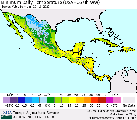 Mexico Central America and the Caribbean Minimum Daily Temperature (USAF 557th WW) Thematic Map For 1/10/2022 - 1/16/2022