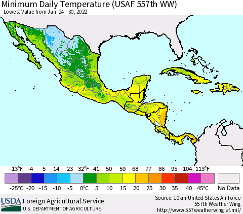 Mexico Central America and the Caribbean Minimum Daily Temperature (USAF 557th WW) Thematic Map For 1/24/2022 - 1/30/2022