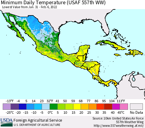 Mexico Central America and the Caribbean Minimum Daily Temperature (USAF 557th WW) Thematic Map For 1/31/2022 - 2/6/2022