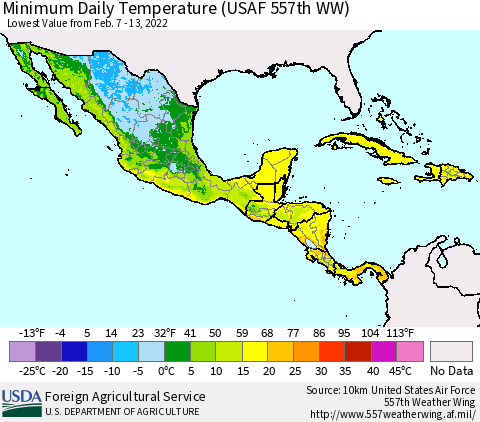 Mexico Central America and the Caribbean Minimum Daily Temperature (USAF 557th WW) Thematic Map For 2/7/2022 - 2/13/2022