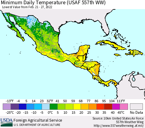 Mexico Central America and the Caribbean Minimum Daily Temperature (USAF 557th WW) Thematic Map For 2/21/2022 - 2/27/2022