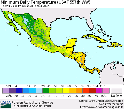 Mexico Central America and the Caribbean Minimum Daily Temperature (USAF 557th WW) Thematic Map For 3/28/2022 - 4/3/2022