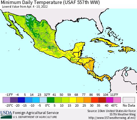 Mexico Central America and the Caribbean Minimum Daily Temperature (USAF 557th WW) Thematic Map For 4/4/2022 - 4/10/2022