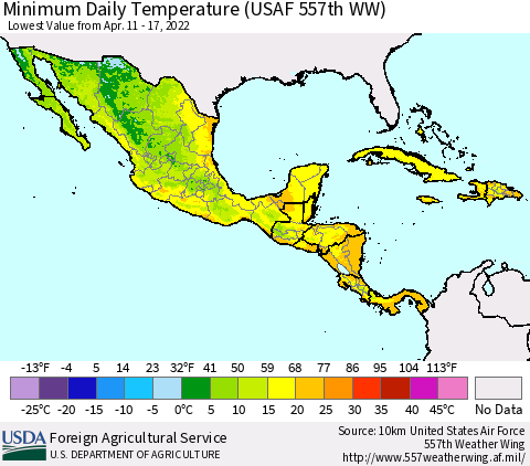 Mexico Central America and the Caribbean Minimum Daily Temperature (USAF 557th WW) Thematic Map For 4/11/2022 - 4/17/2022