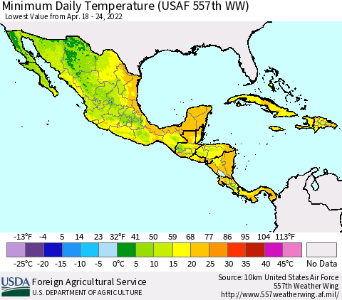 Mexico Central America and the Caribbean Minimum Daily Temperature (USAF 557th WW) Thematic Map For 4/18/2022 - 4/24/2022