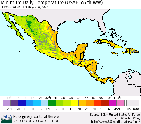 Mexico Central America and the Caribbean Minimum Daily Temperature (USAF 557th WW) Thematic Map For 5/2/2022 - 5/8/2022
