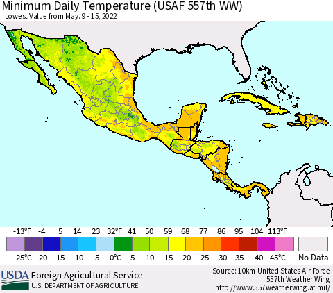 Mexico Central America and the Caribbean Minimum Daily Temperature (USAF 557th WW) Thematic Map For 5/9/2022 - 5/15/2022