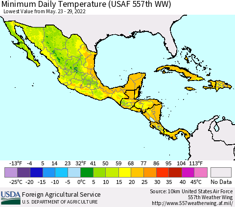 Mexico Central America and the Caribbean Minimum Daily Temperature (USAF 557th WW) Thematic Map For 5/23/2022 - 5/29/2022