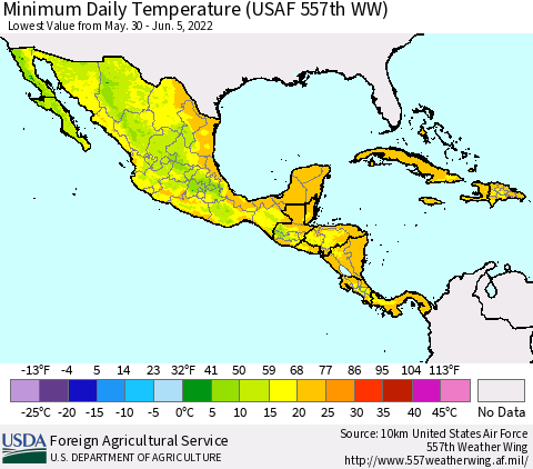 Mexico Central America and the Caribbean Minimum Daily Temperature (USAF 557th WW) Thematic Map For 5/30/2022 - 6/5/2022