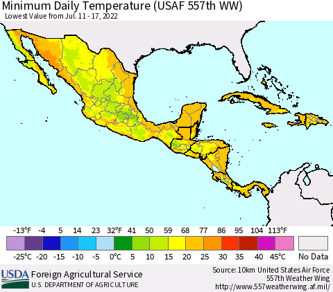 Mexico Central America and the Caribbean Minimum Daily Temperature (USAF 557th WW) Thematic Map For 7/11/2022 - 7/17/2022