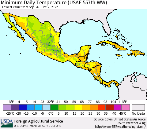 Mexico Central America and the Caribbean Minimum Daily Temperature (USAF 557th WW) Thematic Map For 9/26/2022 - 10/2/2022