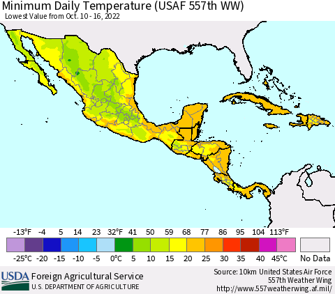 Mexico Central America and the Caribbean Minimum Daily Temperature (USAF 557th WW) Thematic Map For 10/10/2022 - 10/16/2022