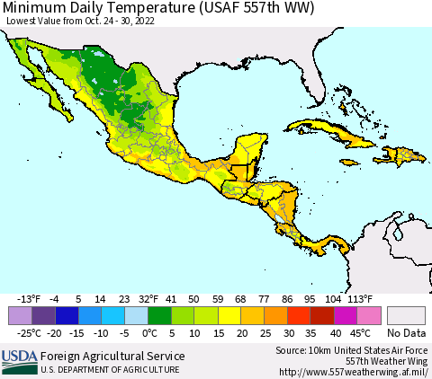 Mexico Central America and the Caribbean Minimum Daily Temperature (USAF 557th WW) Thematic Map For 10/24/2022 - 10/30/2022