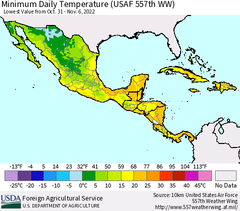 Mexico Central America and the Caribbean Minimum Daily Temperature (USAF 557th WW) Thematic Map For 10/31/2022 - 11/6/2022
