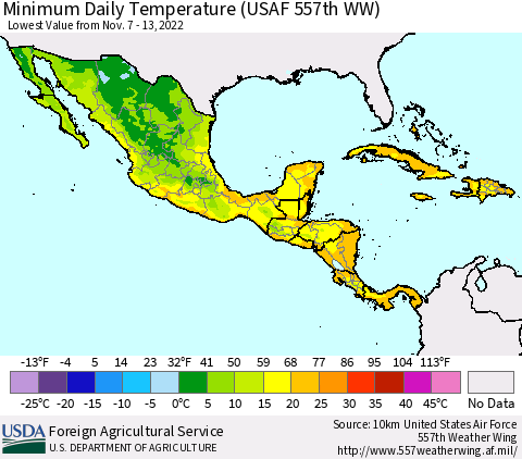 Mexico Central America and the Caribbean Minimum Daily Temperature (USAF 557th WW) Thematic Map For 11/7/2022 - 11/13/2022