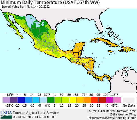 Mexico Central America and the Caribbean Minimum Daily Temperature (USAF 557th WW) Thematic Map For 11/14/2022 - 11/20/2022