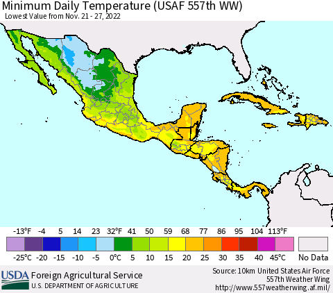 Mexico Central America and the Caribbean Minimum Daily Temperature (USAF 557th WW) Thematic Map For 11/21/2022 - 11/27/2022