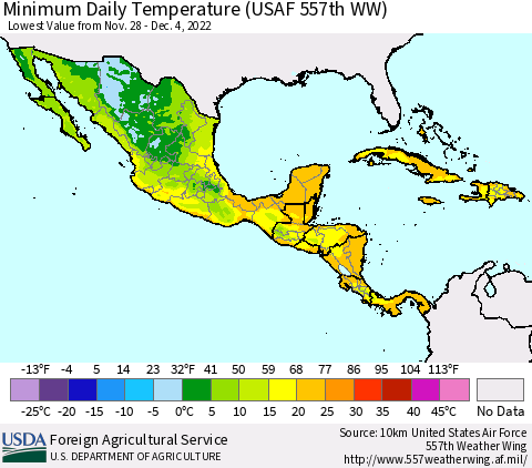 Mexico Central America and the Caribbean Minimum Daily Temperature (USAF 557th WW) Thematic Map For 11/28/2022 - 12/4/2022