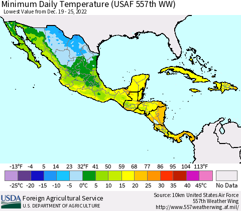 Mexico Central America and the Caribbean Minimum Daily Temperature (USAF 557th WW) Thematic Map For 12/19/2022 - 12/25/2022