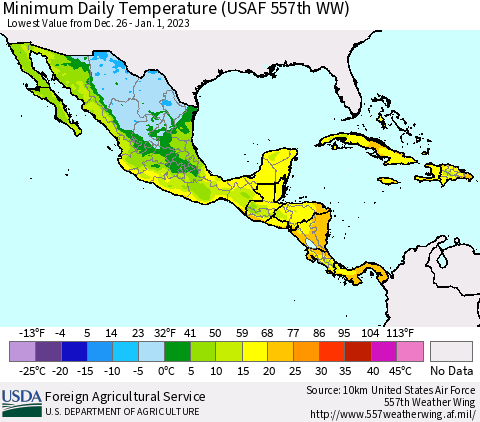 Mexico Central America and the Caribbean Minimum Daily Temperature (USAF 557th WW) Thematic Map For 12/26/2022 - 1/1/2023